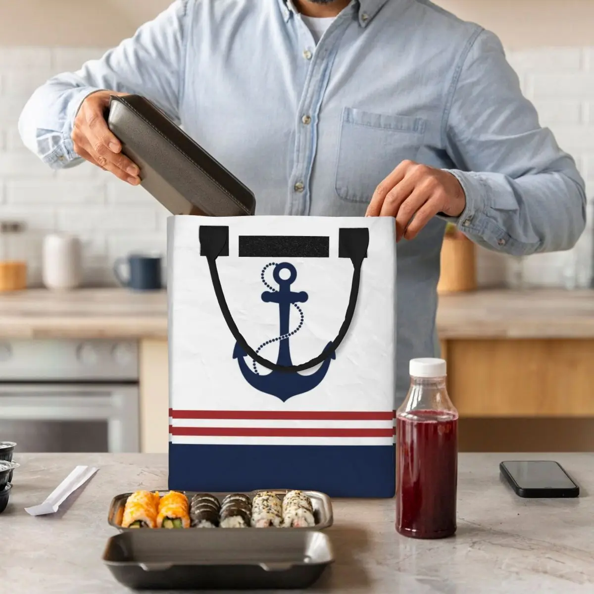 Nautical Navy Blue Anchor With Stripes Lunch Bag Portable Sailing Sailor Cooler Thermal Insulated Bento Box Women Food Tote Bags