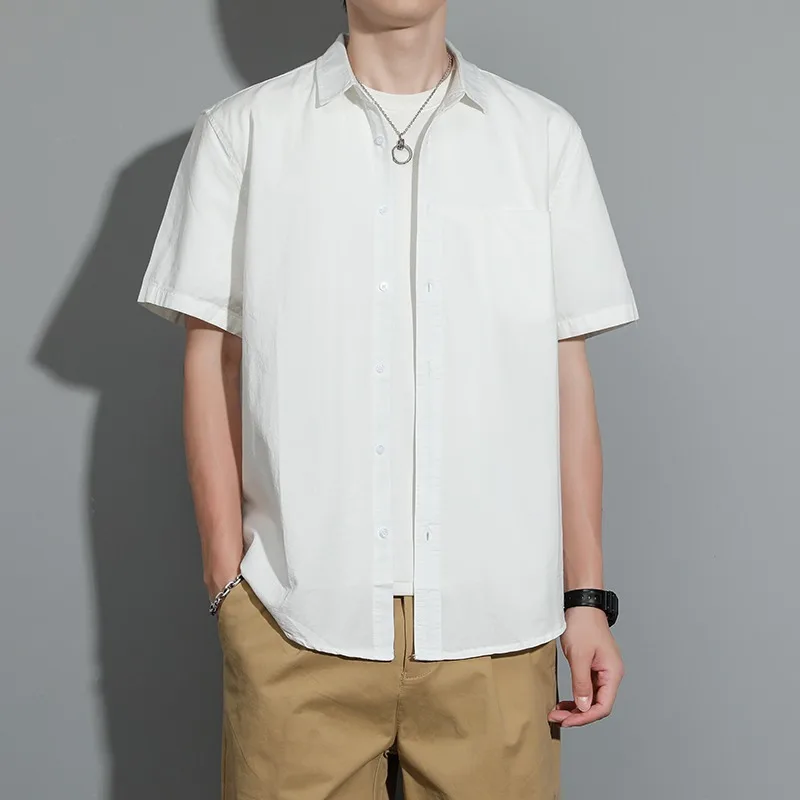 

2025 Summer New Fashion Men's Solid Color Casual Trendy Cotton Turn-down Collar Short Sleeve Loose Shirts Male Clothes Coat Tops
