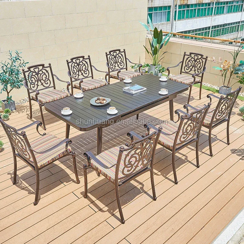 Hot selling outdoor garden metal chair long table set with side table furniture patio iron dining Set for 8 seaters