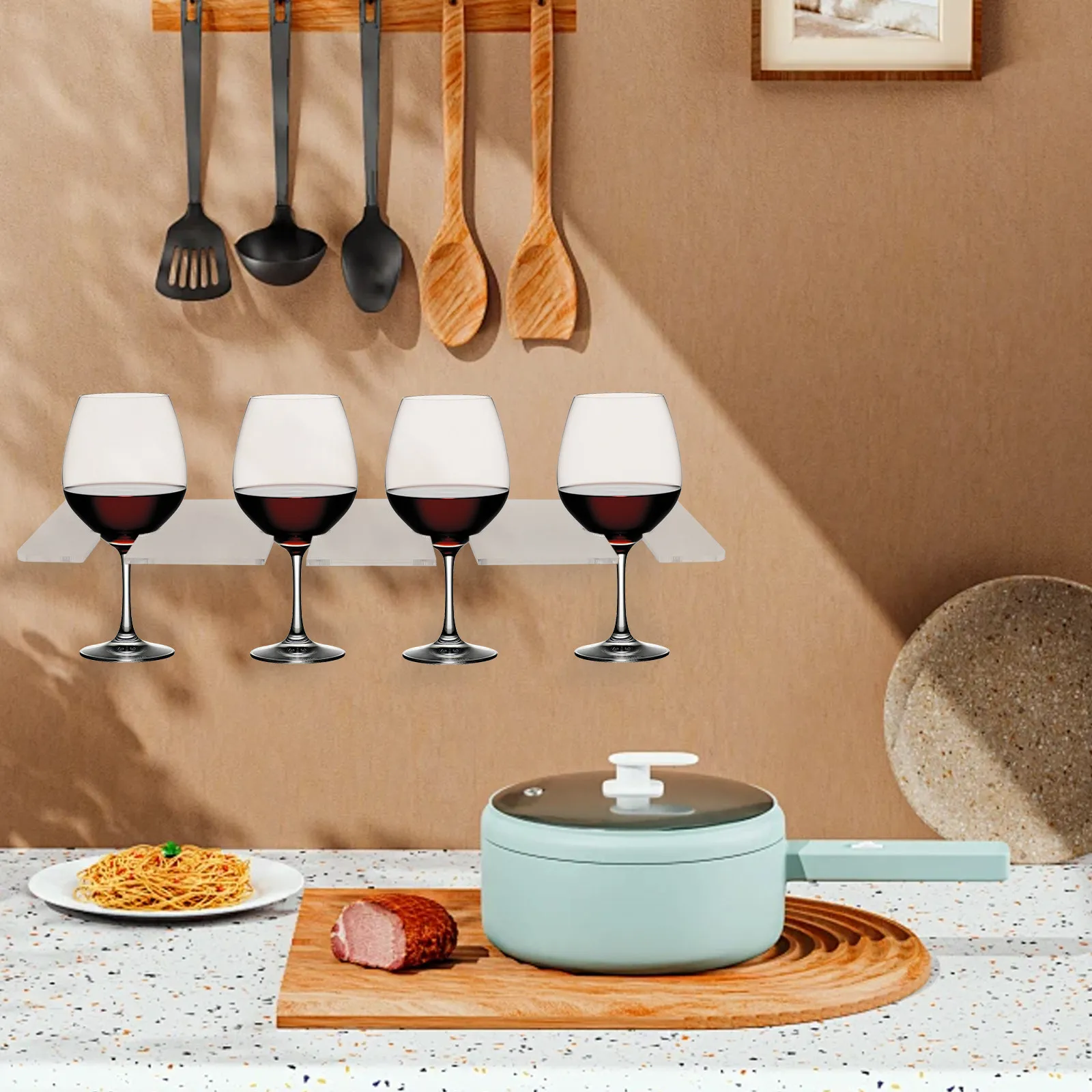 2Pcs Clear Acrylic Wine Glass Rack Under Cabinet Hanging Stemware Holder Space Saving Wine Glass Organizer for Kitchen Bar view 6