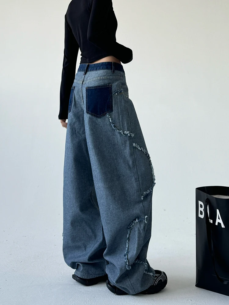 가을 겨울 하이 스트리트 유니크 웨이드 디자인 센세이션 프레이드 헴 데님 진 여성용 루즈 와이드 레그 패치워크 롱 트라우저...