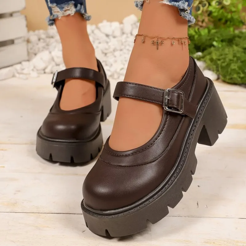 Lolita Shoes Women PU Leather Platform Mary Janes Shoes Women's Japanese Style Vintage Chunky Heels Pumps Plus Size 44