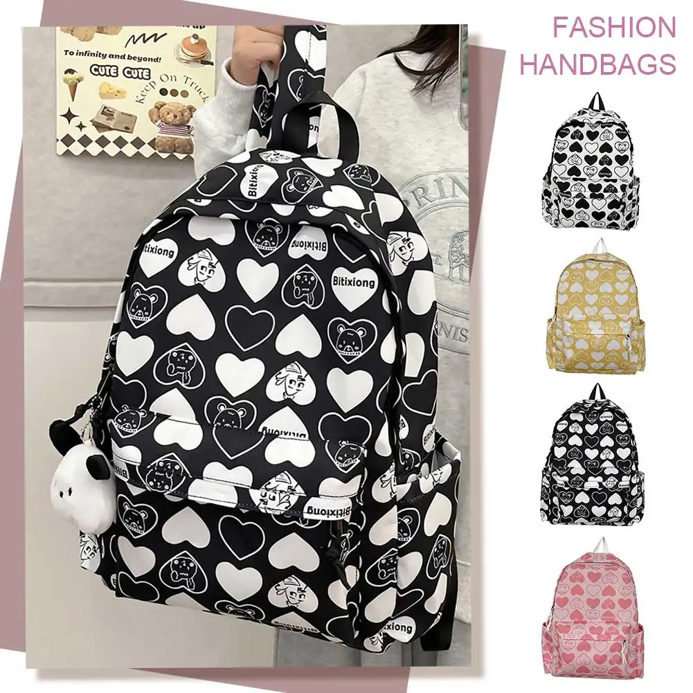 

Casual Backpack for Kids Students SchoolBag Heart Pattern Shoulder Bag Nylon Adjustable Strap Large Capacity Rucksack For Teens