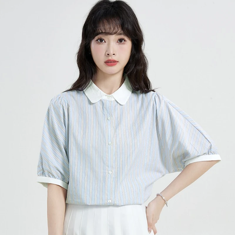 Chemisiers Vintage pour femmes, chemises rayées, mode, vêtements d'été amples, manches courtes, col rabattu coréen, hauts pour femmes