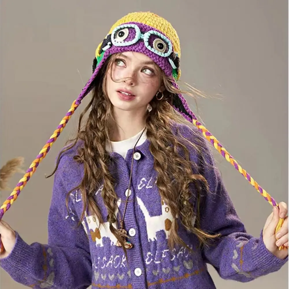 Casual Windproof Winter Pilot Hat With Goggles Color-Blocked Crocheted Knitted Beanie Warm Beanie Lei Feng Hat Biking