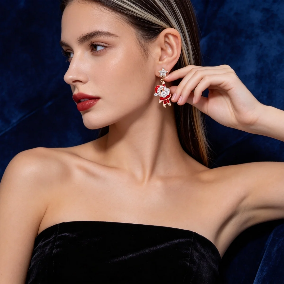 Weihnachts-Strass-Stern-Weihnachtsmann-Ohrhänger für Damen, modische rote Schleifen-Weihnachtsstangen-Weinglas-Socken-Ohrringe, Neujahrs-Schmuck – Detail 11