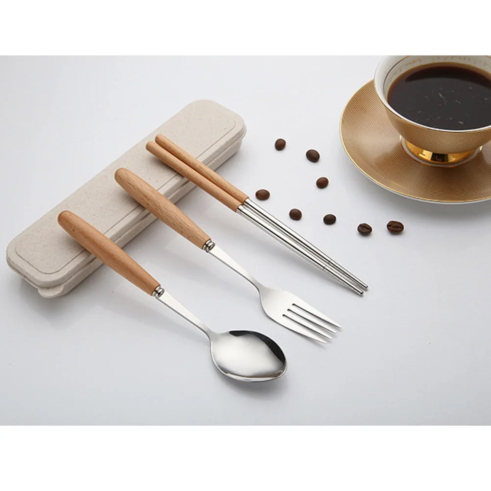

3 Pcs Stainless Steel Flatware Set Outdoor Portable Beech Handle Chopstick Spoon Fork Set Tableware Set with Protective Storage