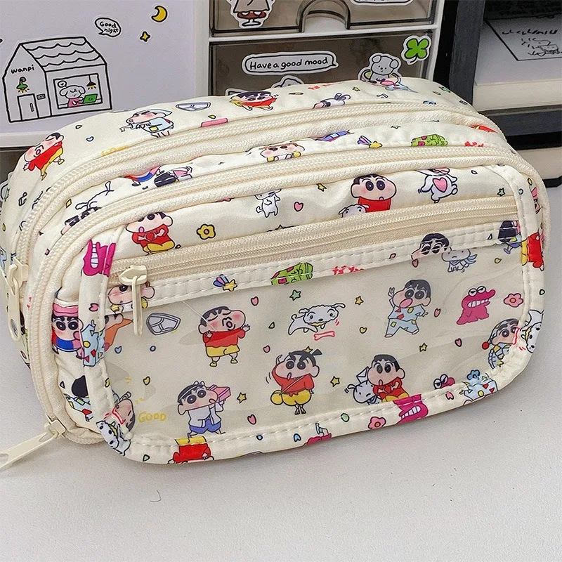 Cute Crayon Shin chan Pain Bag Pencil Case Student Large Capacity Stationery Bag Layer Pencil Bag High Value Makeup Storage