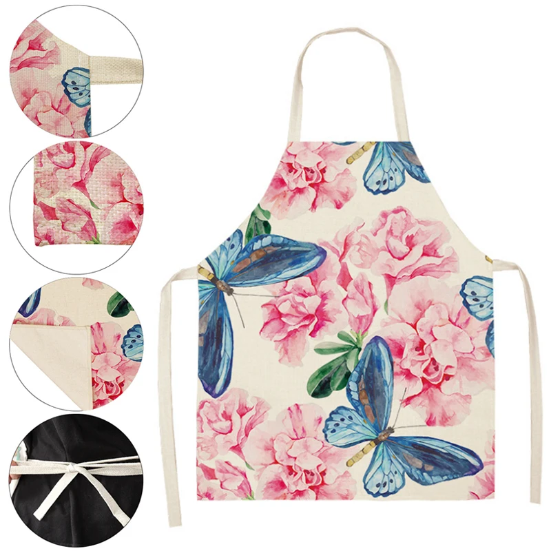 1Pcs Butterfly Flowers Linen Kitchen Apron for Woman Dress Japanese Cartoon Garden Aprons Cooking Accessories Home Decor Apron