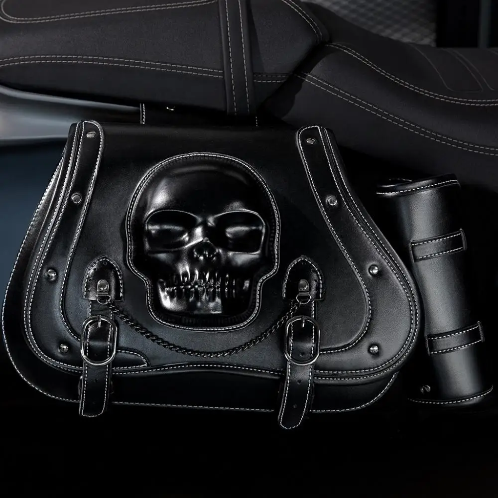 3D Skull Head Pattern Motorcycle Device Punk Style 1 Pair Hanging Bags Unisex Steampunk Pu Leather Bags Travel Rucksack Black