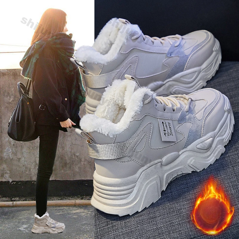 Fashion Platform Sneakers for Women Winter Thick Bottom Lace Up Walking Shoes Ladies Comfort Non Slip Sports Warm Cotton Shoes