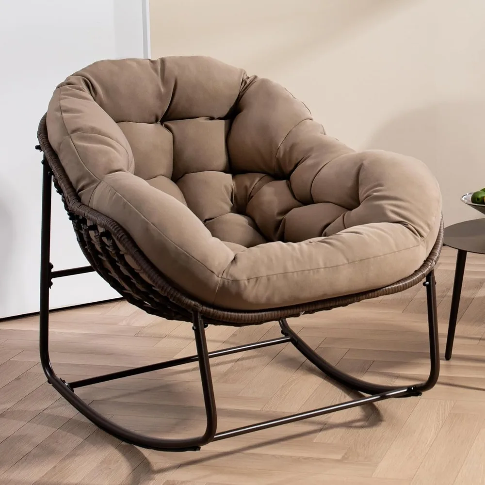 Outdoor Patio Rocking Chairs, Oversized Papasan Rock Chair Indoor with Padded Cushion - Rocker Egg for Front Porch, Garden, Bac