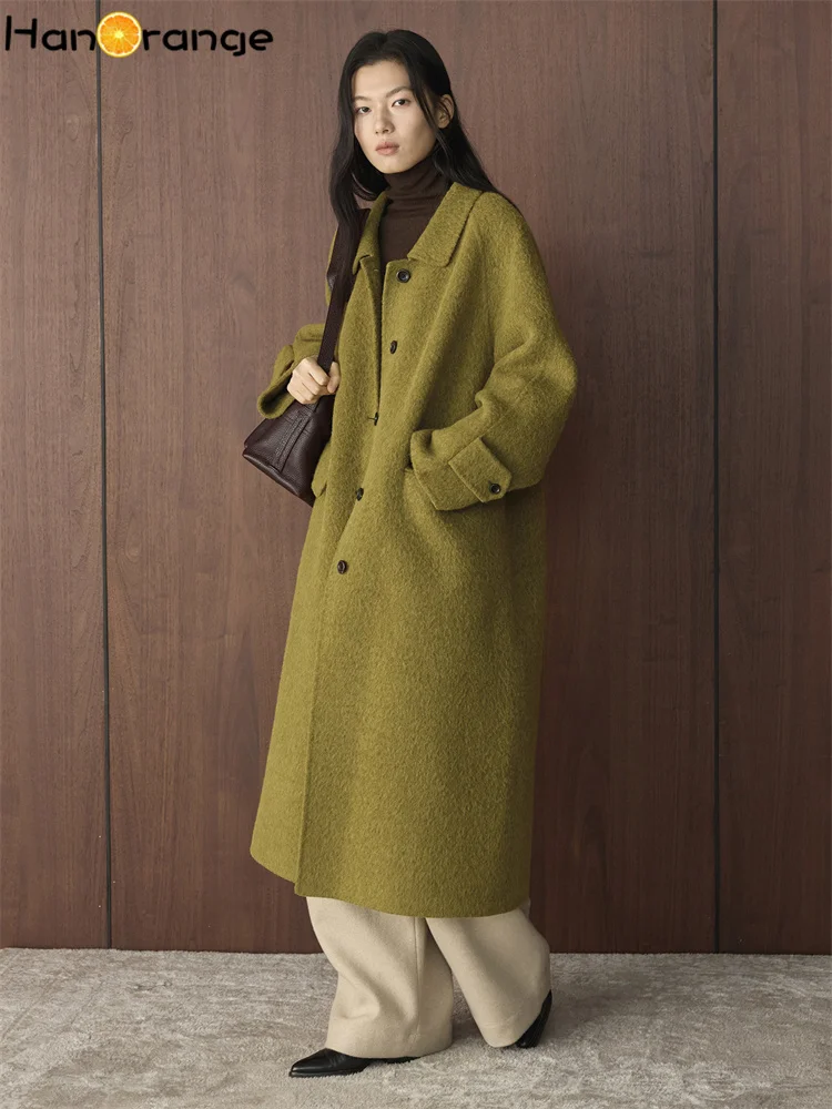 

HanOrange 2025 Winter Retro Casual Double-sided Woolen Coat Women Loose Silhouette Wool Long Overcoat Green Yellow