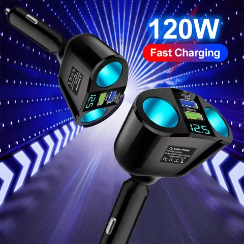 3 Ports Car Charger PD Type C Fast Charging Car Cigarette Lighter With Digital Display Dual-port Car Phone Charger Power Adapter