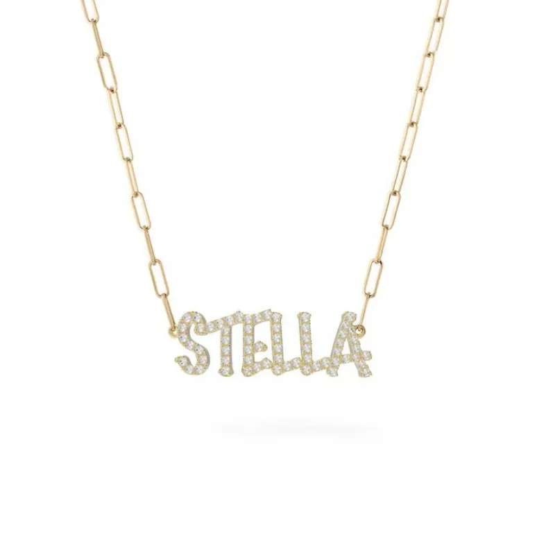 

3D Custom Name Necklace 925 Sterling Silver Zirconia Pendant Gold Paperclip Necklace Customized with multiple fonts Women's