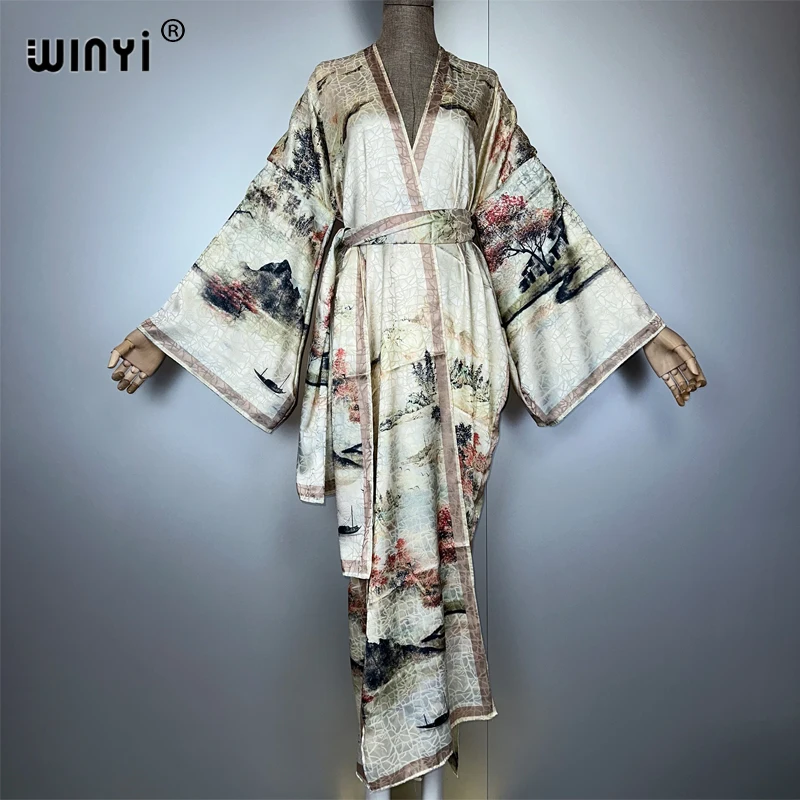 

WINYI High-quality Double-sided Printed Silk feel Dress Beach Wear Boho Cardigan Elegant abaya dubai luxury Long Sleeve Kimono