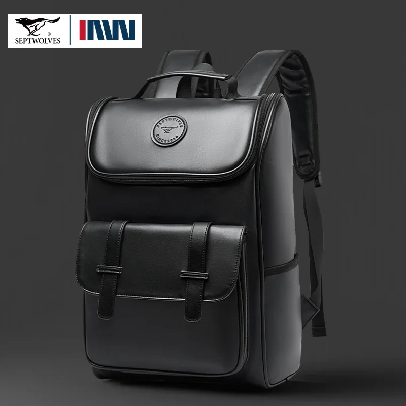 

Septwolves Waterproof Leather Laptop Backpack Man Business Travel School Back Pack Comfortable Widen Shoulder Strap Bagpack