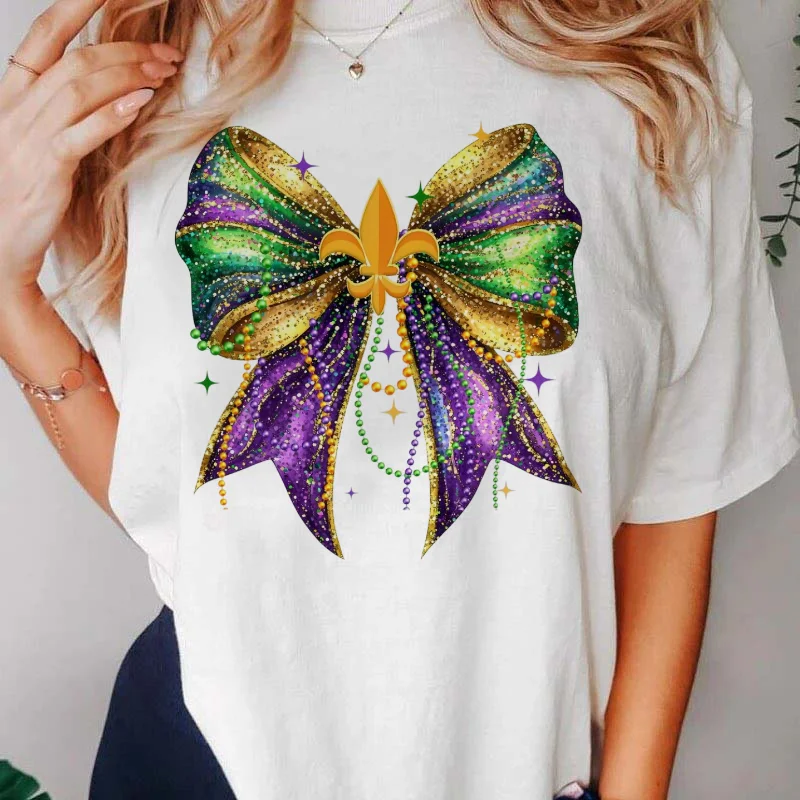 Watercolor 90s Cute Cartoon Women's Fashion Casual Cartoon T-Shirt Bow Pattern Regular Top Women's Printed Summer Clothing