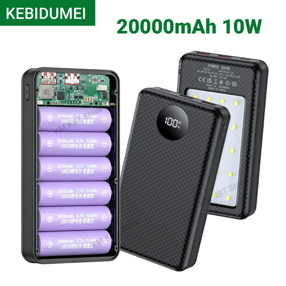 KEBIDUMEI DIY 6*18650 Battery Power Bank Case 10W Charging Power Bank Case Mobile Phone Portable Battery Charger With LED Light