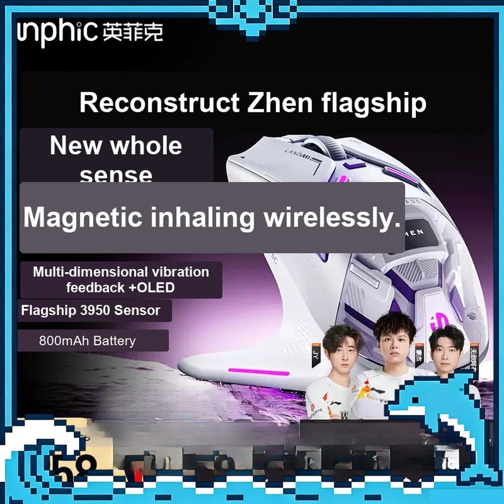 Inphic ZHEN Mouse Tri Mode Wireless PAW3950 Long Battery Life Gaming Mice OLED Display Magnetic Charging Base Office Accessories