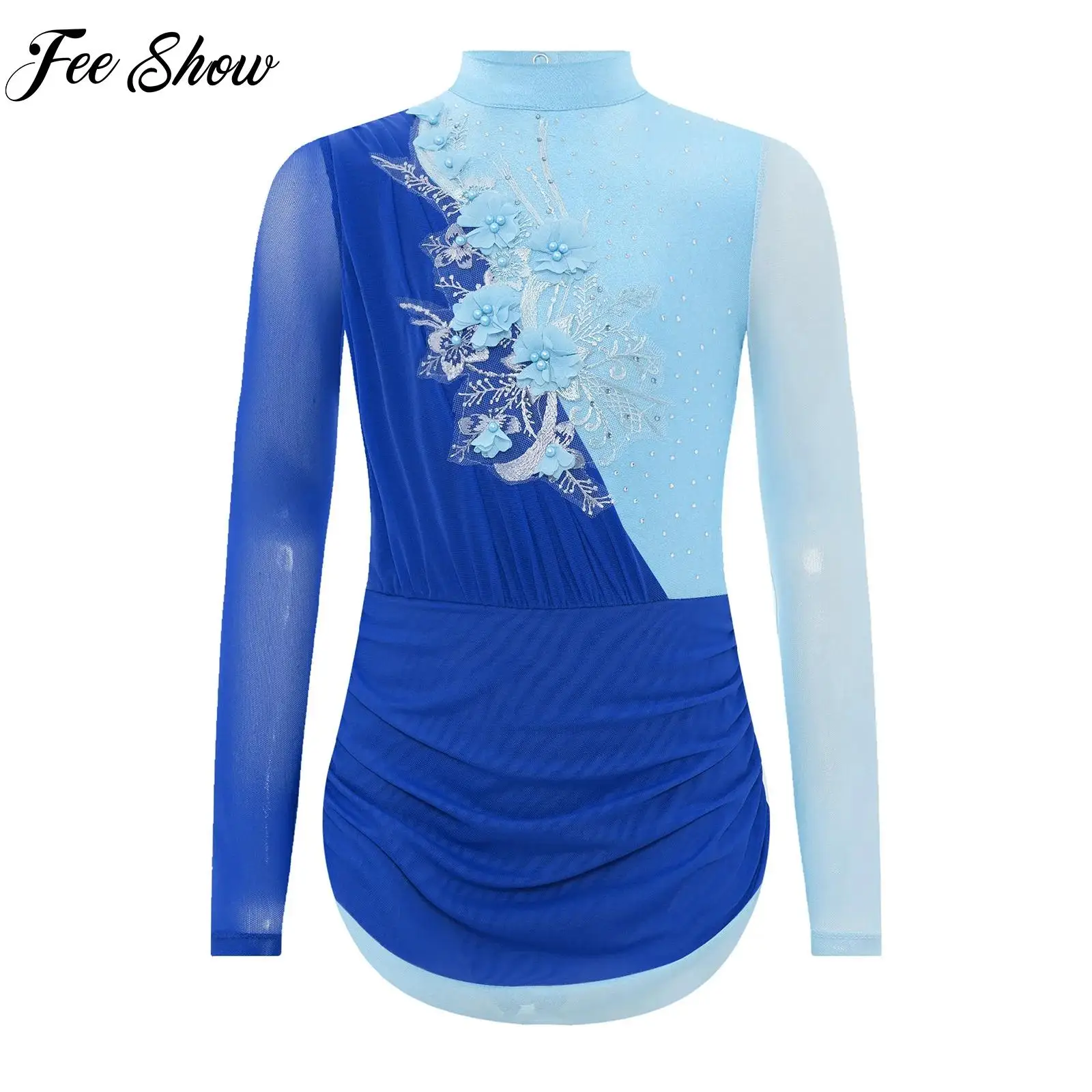 

Kids Girls Gymnastics Ballet Dance Dress Sheer Mesh Applique Rhinestones Tutu Dress for Figure Skating Lyrical Dance Performance