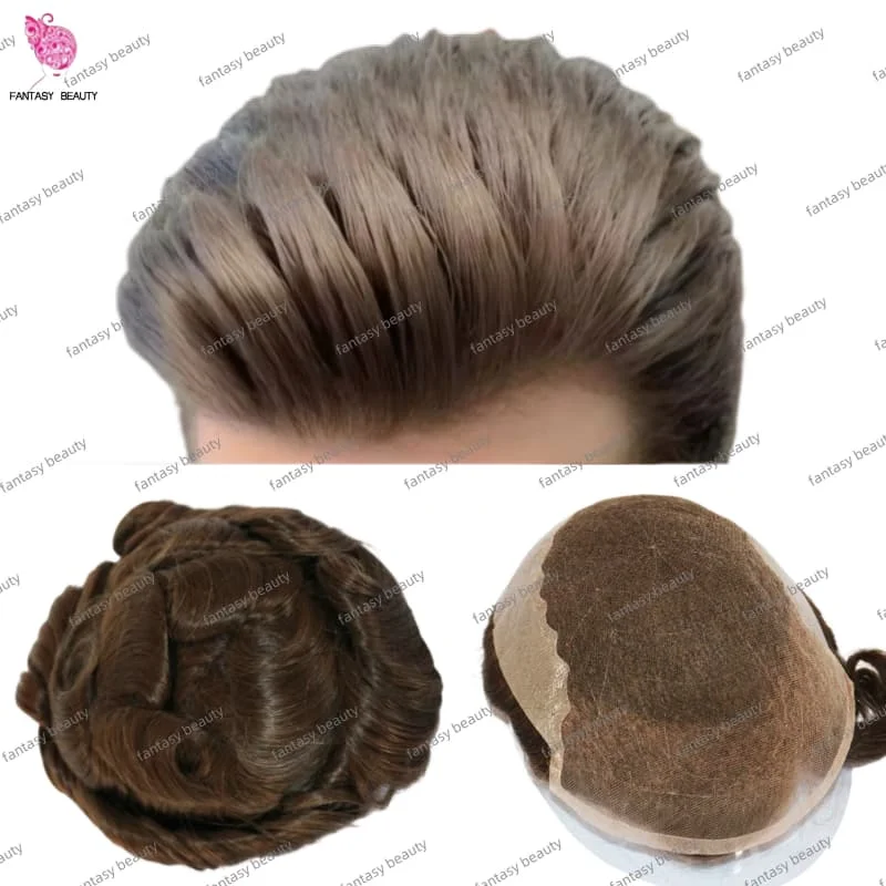 

Необнаружимый дышащий кружевной и искусственный прочный мужской капиллярный протез с двойными узлами, натуральные волосы, мужской парик, натуральный коричневый, черный