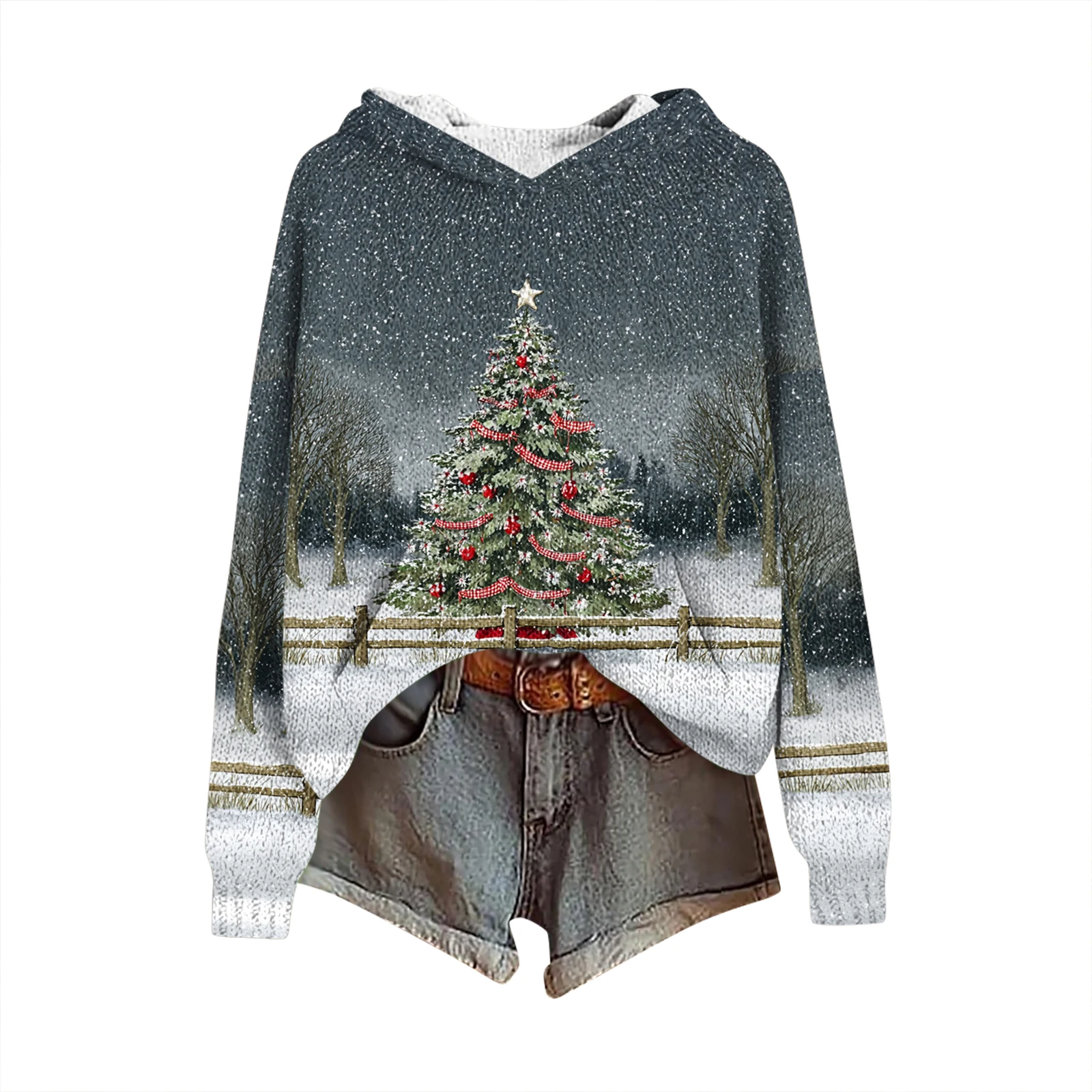 Winterkerstboompatroon Dames Modieus Casual trui met lange mouwen en capuchon met print Comfortabele warme gebreide top