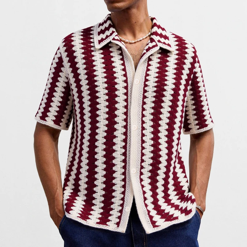 Summer Men Clothing Vintage Striped Knitted Shirt Short Sleeve Crochet Flower Hollow Out Polo Shirt for Men T-shirt SY0042