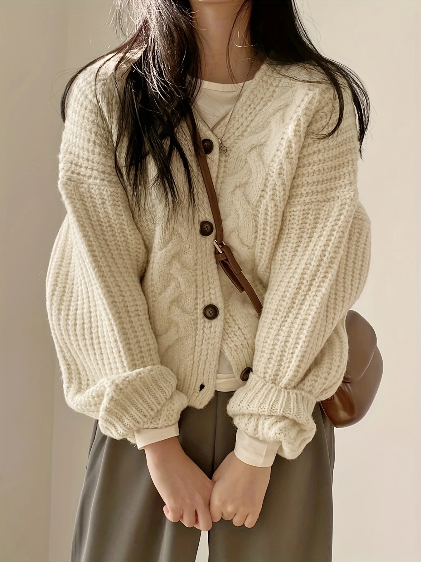 Women\'s Vintage Long Sleeve Button Front Chunky Knit Cardigan Sweater For Fall & Winter