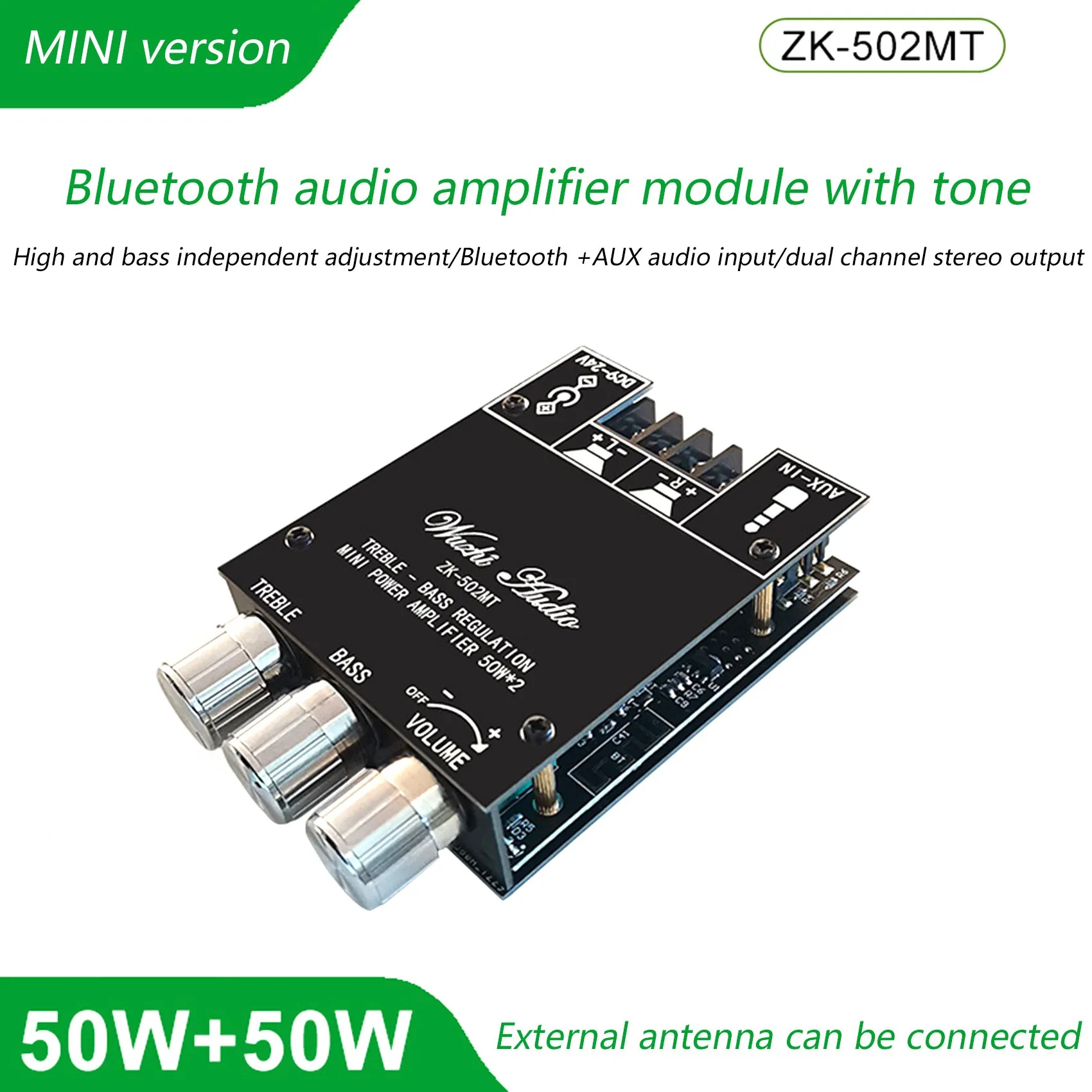 502MT 2X50W Bluetooth 5.0 Subwoofer Amplifier Board 2.0 Channel High Power Audio Stereo Amplifier Board AUX Bass AMP