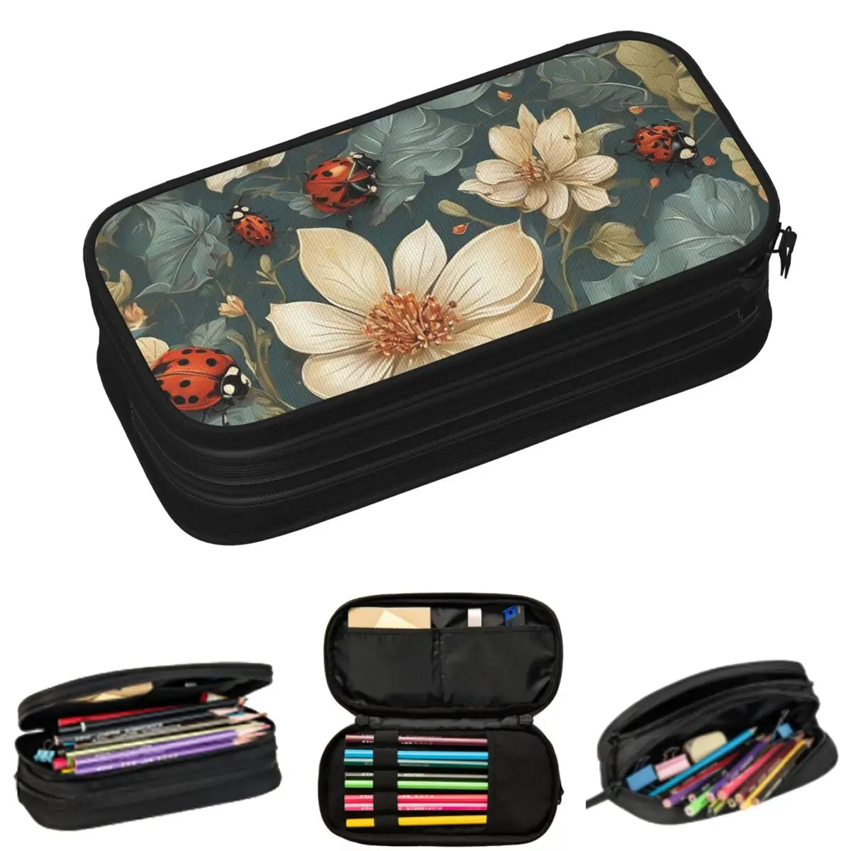Seven Spot Ladybug Pattern Pencil Cases for Students School Pen Box Pencil Bag Big Capacity Pencil Pouch