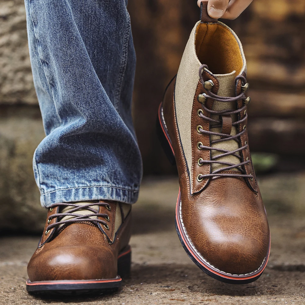 Vintage Men's Leather Boots High Quality Lace Up Men Ankle Boots 2026 New Plush Warm Autumn Winter Boots Large Size 38-48