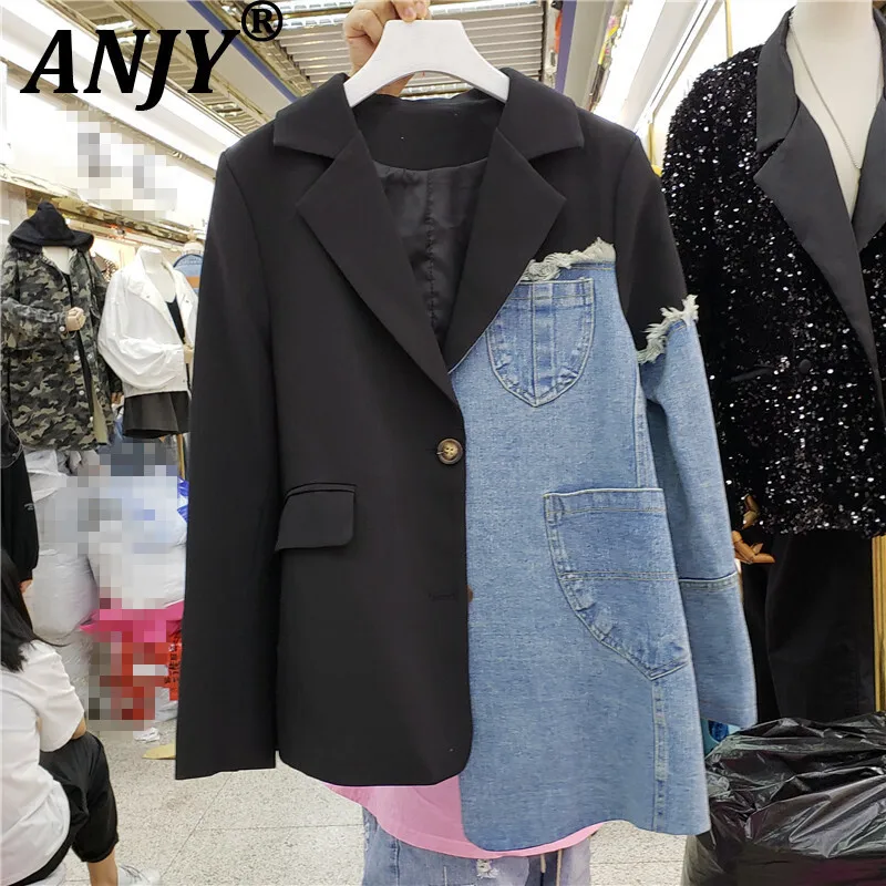 ANJY Autumn New Women Korean Fashion Elegant Denim Irregular Patchwork Personality Blazers Trendy Loose Fit Casual Jacket A16434