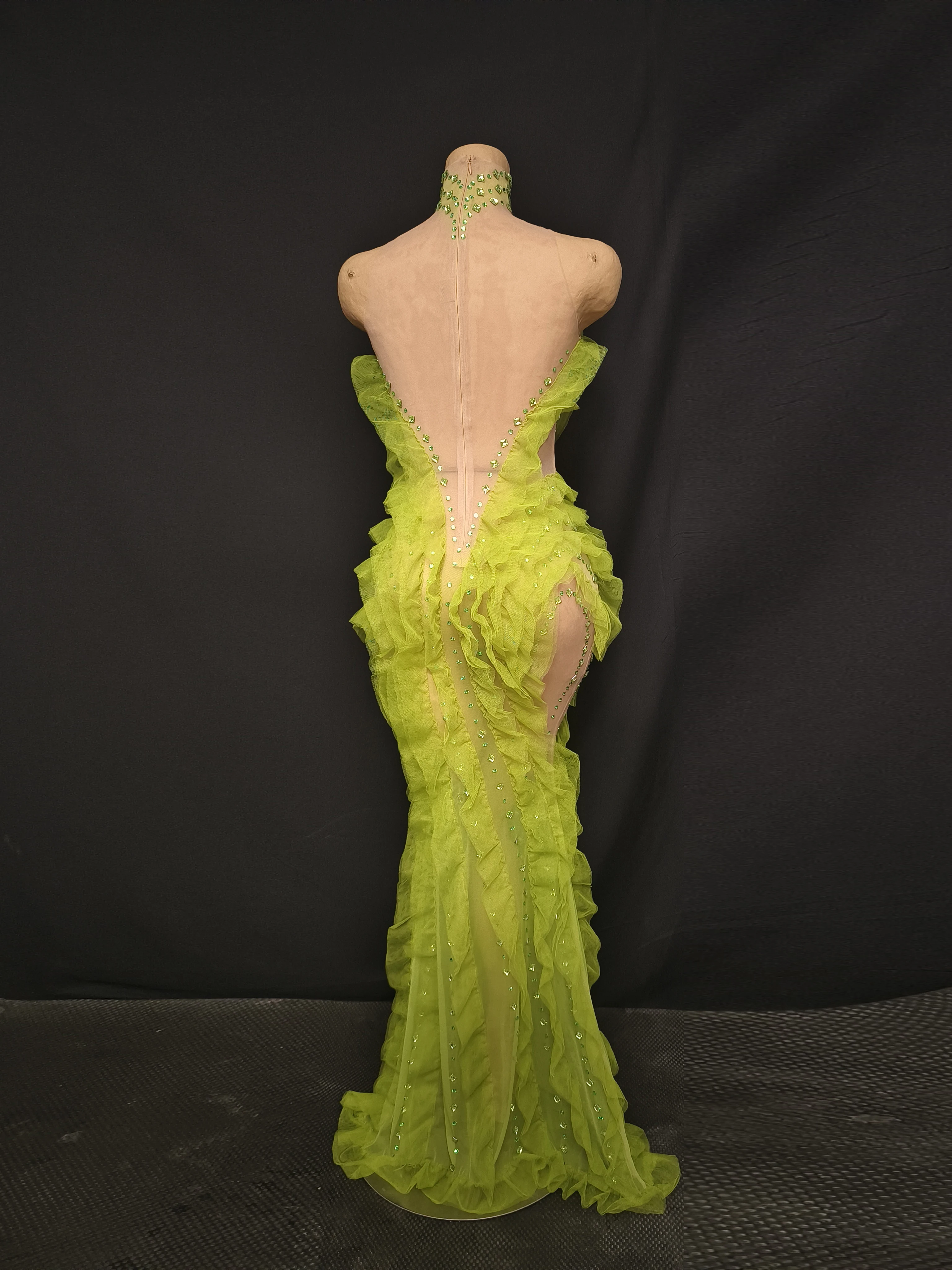 Elegant Sparkly Green Rhinestones Mesh Sheer Ruffle Maxi Dress Celebrate Eveing Birthday Party Nightclub Red Carpet Stage Wear