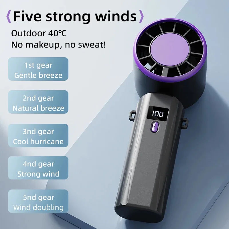 Portable Fan: 13000 RPM High-Speed Rapid Cooling, 100-Level Super Power, USB-Powered with Large Battery Capacity