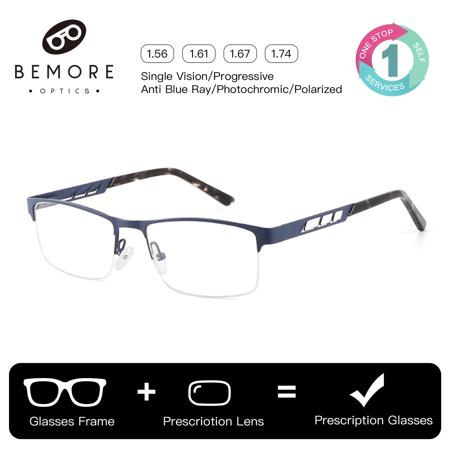 BEMORE Square Prescription Eyewear For Men Photochromic Progressive Glasses Anti Blue Light Metal Optical Eyeglasses