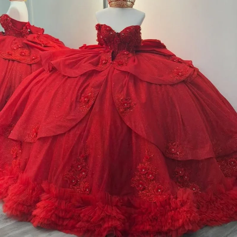 

Red Quinceanera Dress off-shoulder Crystal Beads Decal Flower Lace Layering Long tail Bow vestidos de 15 Quinceanera ﻿Customize