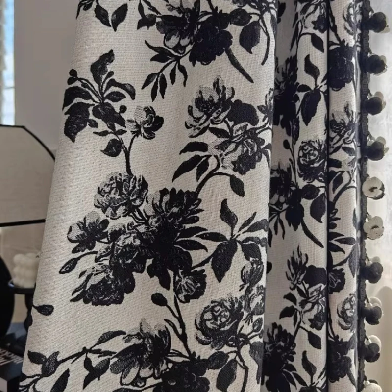 Retro Black and White Cotton Linen Jacquard Thickened Curtains for Living Room Bedroom French Window Customized Finished