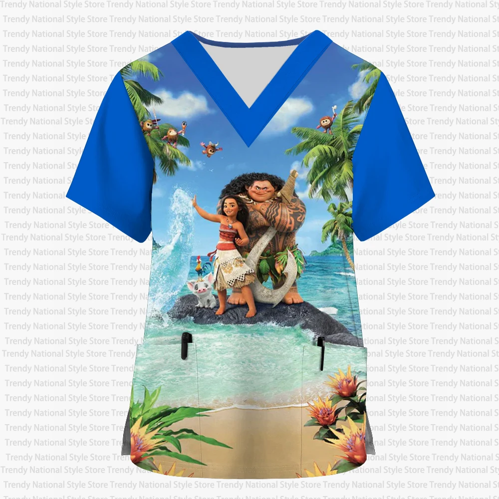 2025 nowych kobiet kieszonkowy mundurek do pracy Disney Princess Mickey Print dekolt w serek drukuj peeling Top odzież do karmienia sportowa koszulka topy