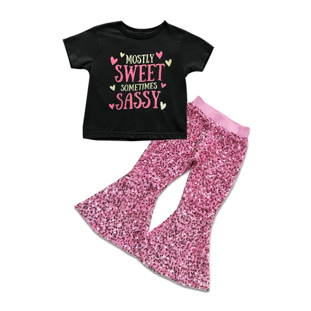 Girls Boutique Clothes Black Sweet Sassy Top Pink Sequin Bell Bottom Pants Girls Sets