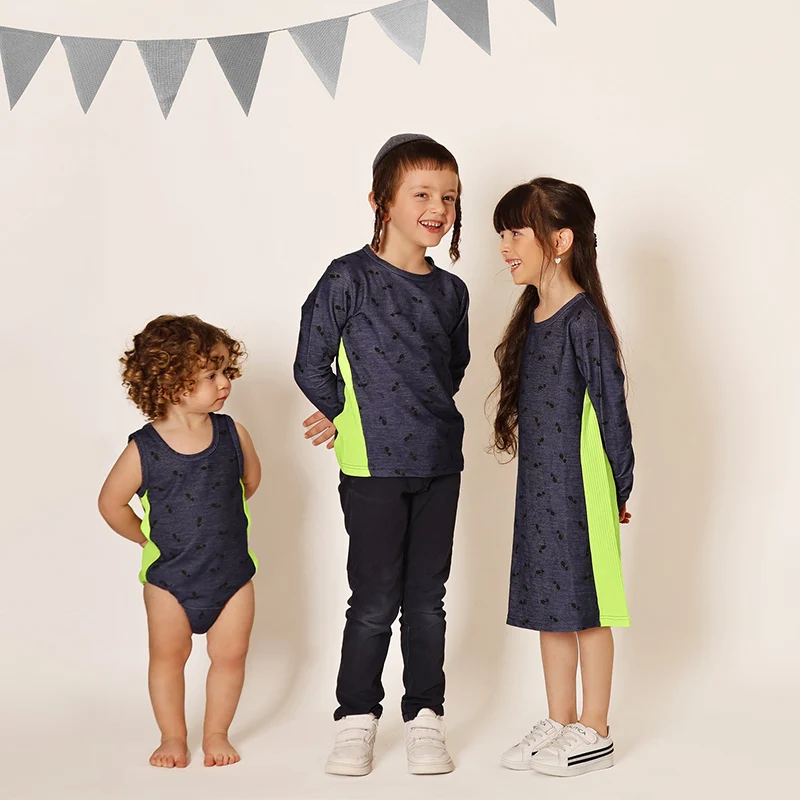 AA-Girl dress family set summer short and long sleeve dresses blue denim cotton/ribbed girl clothes side neon green outfit dress