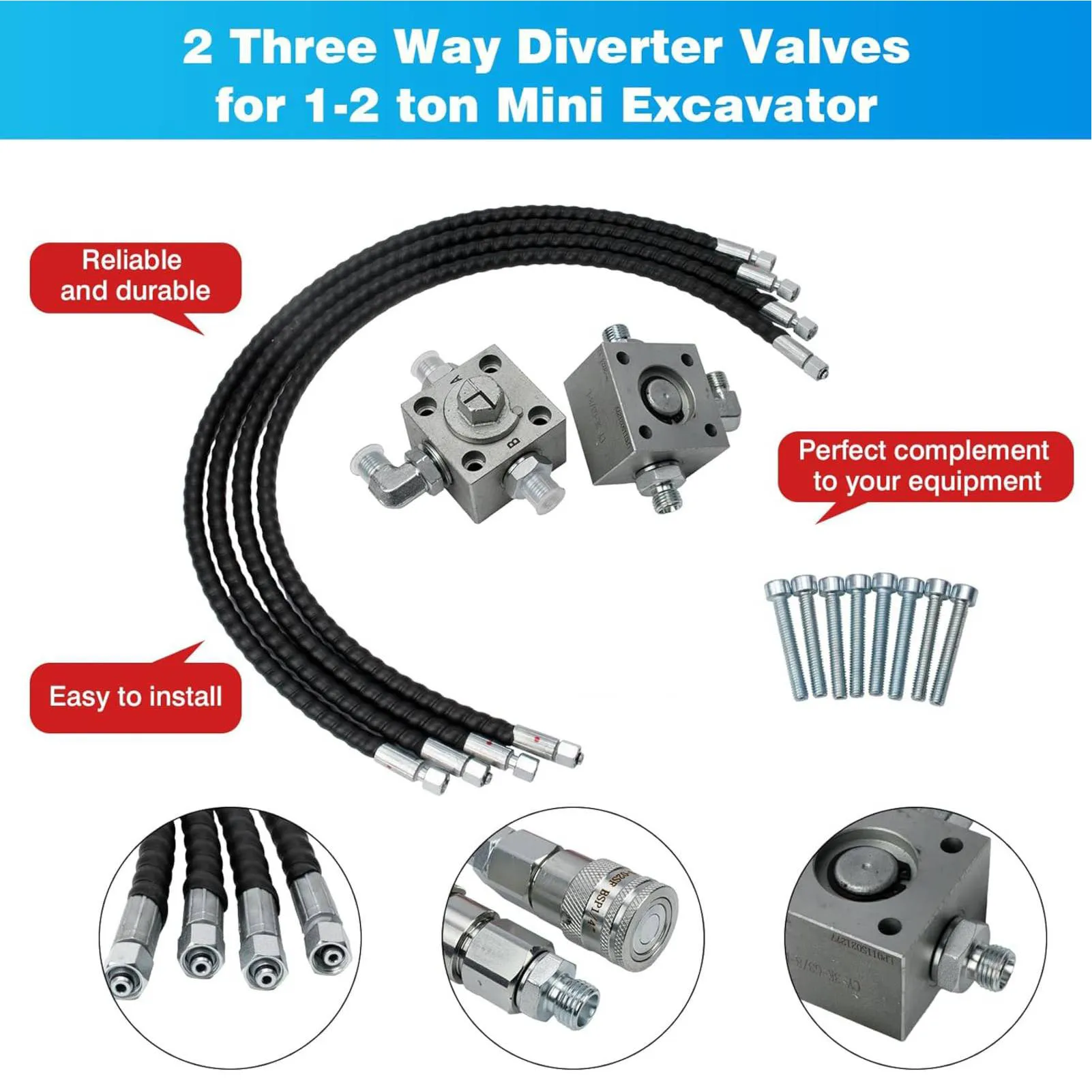 2Pcs 3 Way Diverter Valve for 1-2 Ton Chinese Mini Excavator with 31in Flexible Hoses