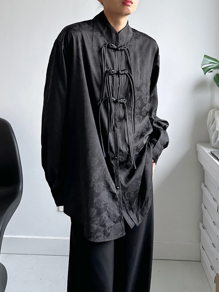 

New Chinese Sle Thin Silk Long Sve irt Loose Drapey Embroidered k Pattern Casual Stand Collar Button up Women's irt