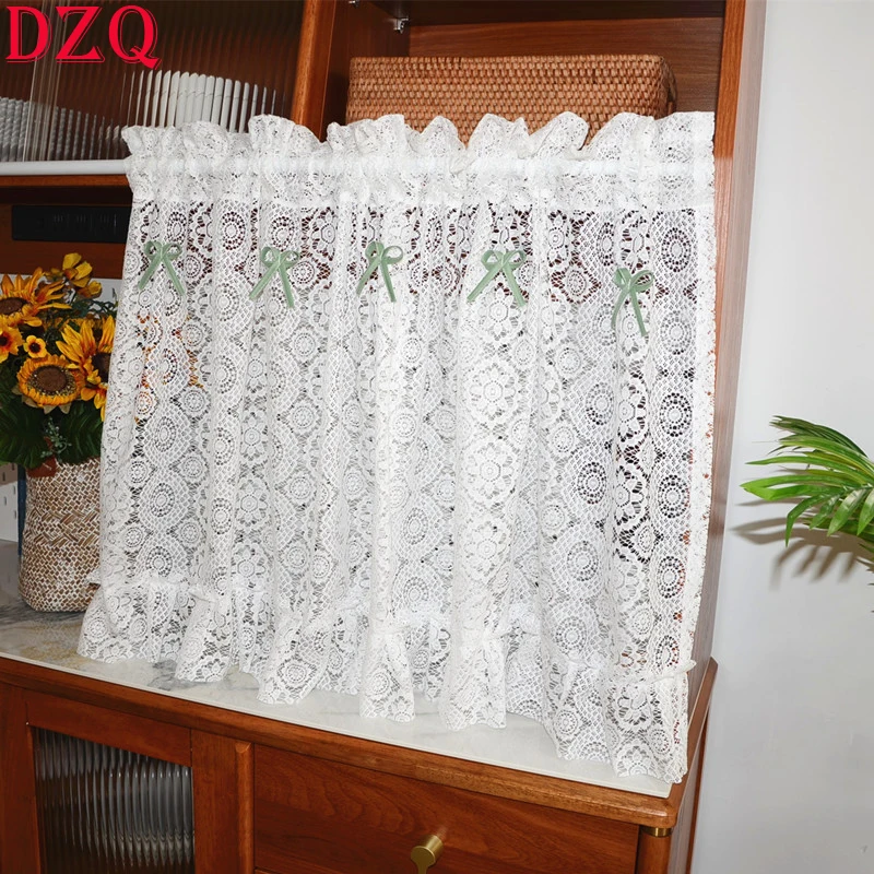 

French White Lace Short Curtains for Kitchen White Hollow Half Curtains Green Bow Tie Short Curtains Living Room #A379