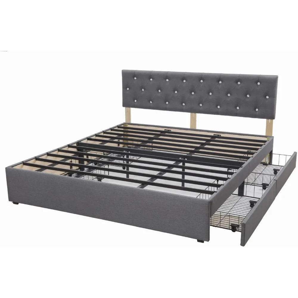 سرير بنانا كينج بإطار سرير مع لوح رأسي من الكريستال المنجد من القماش و4 أدراج للتخزين، ودعم شرائح معدنية، بالكامل