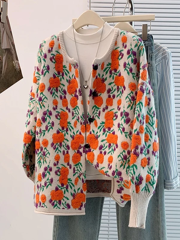 

Осень-зима, повседневный вязаный свитер, большой размер, женское модное полотенце с вышивкой, антивозрастной открытый кардиган с цветочным принтом, украшенный...