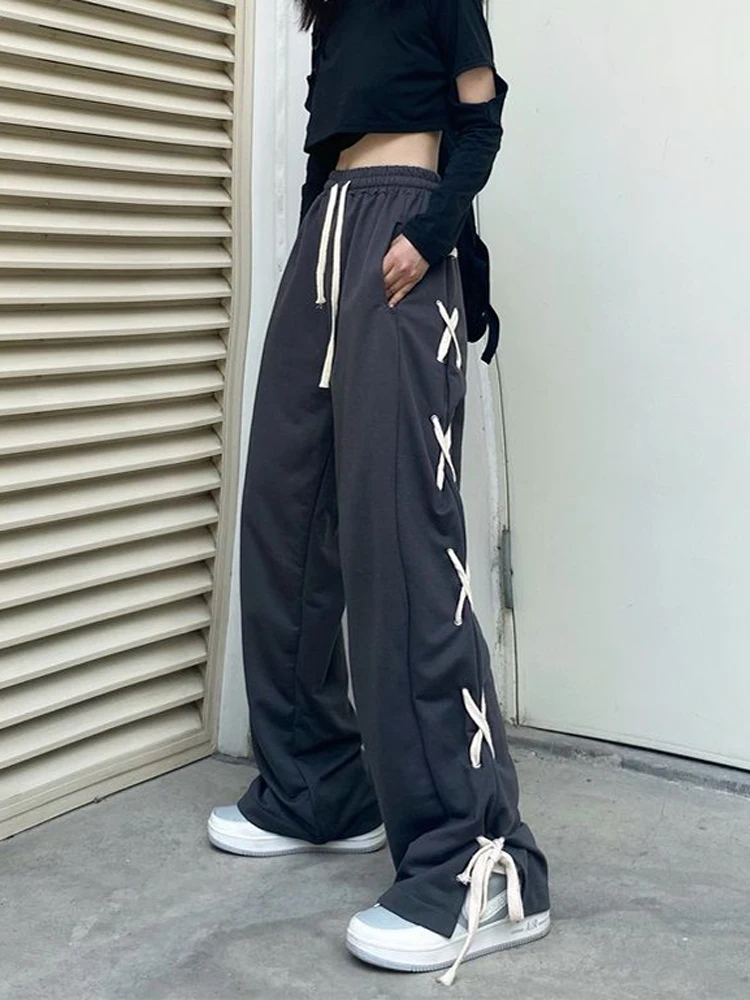 Zoki Harajuku High Waist Women Bandage Wide Leg Pant Korean Loose Streetwear Trousers Fashion Hip Hop Student Casual Pants New