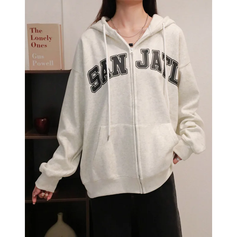 

Grey New Hooded Jacket Baggy Sweatshirt Women Fleece Thicken Fashion Letter Printing Street Lazy Wind Long Sleeves Apricot Top