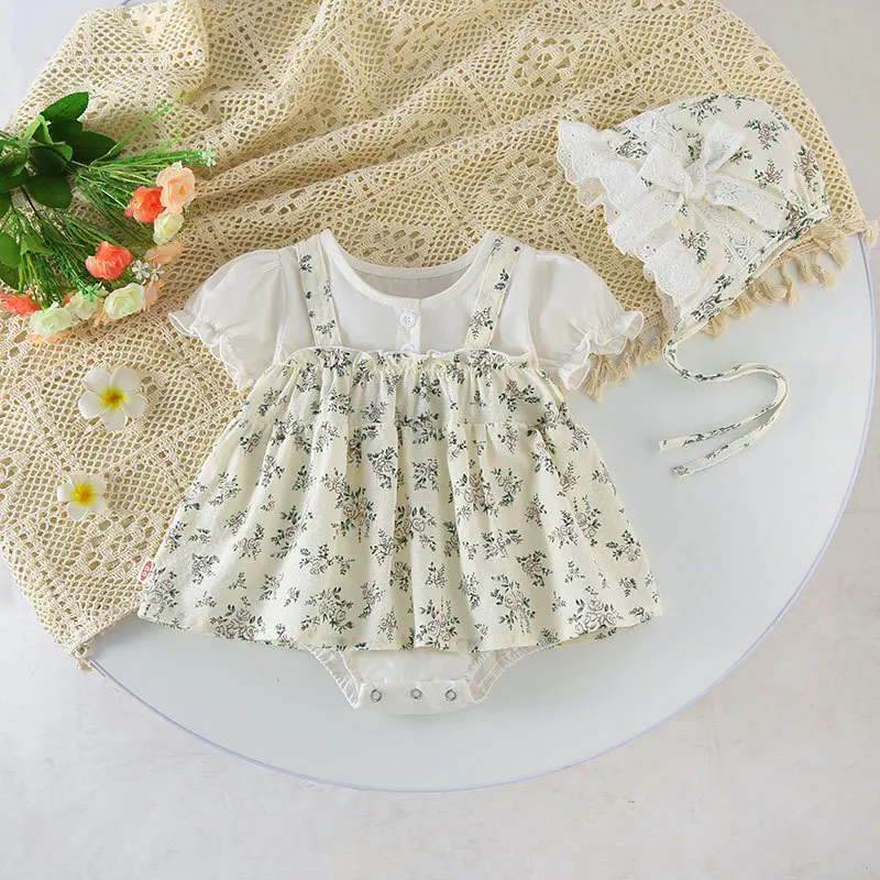 Summer New Baby set Dress Girl Baby Short Sleeve Dress with Headband Girl Flower Bubble Sleeve Clothes Sweet Bowknot Loose Cute