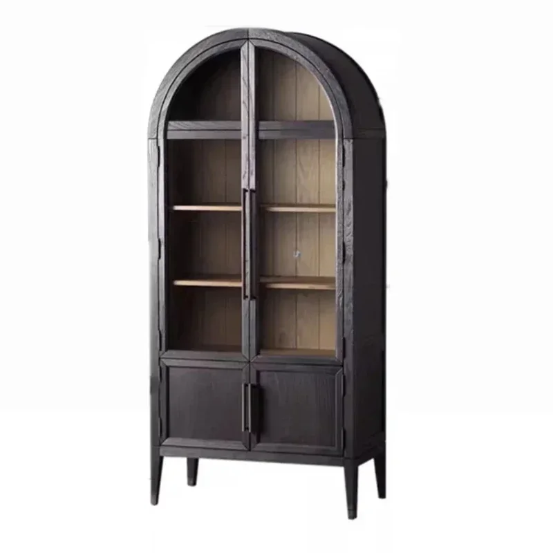 

American Light Luxury Style Solid Wood Bookcase French Retro Arch Wine Cabinet Locker